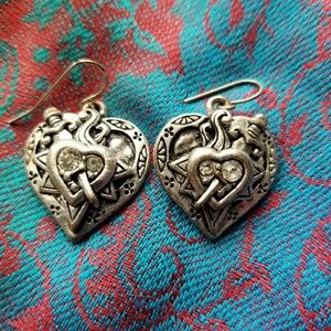 Hearts and daggers earrings silver tone rhinestone